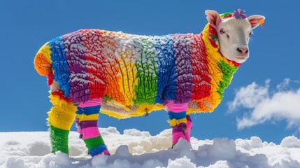   A multicolored cow stands in the snow against a backdrop of a blue sky
