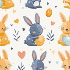 Easter eggs and bunnies Seamless pattern. Easter watercolor basket with eggs and bunny. Watercolor spring rabbit. Easter 2024 illustration