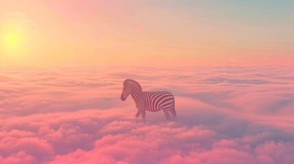   A zebra stands amidst a cloud-filled, pink and blue sky; the sun distantly glows in the distance