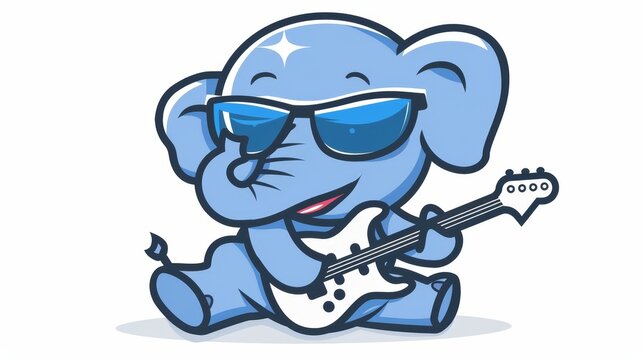   An elephant, depicted as a cartoon character, sits on the ground with a guitar in its trunk It wears shades over its eyes and dons a pair of sunglasses