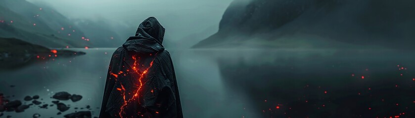 A photo of the red glow lava man, with a black cloak made from black stone with cracks and glowing embers on it standing in front of a lake In foggy mountains at night The person is looking out over - obrazy, fototapety, plakaty