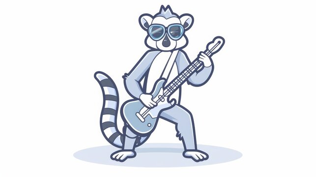   A cartoon raccoon wearing sunglasses and holds a guitar in its paws, playing an instrument