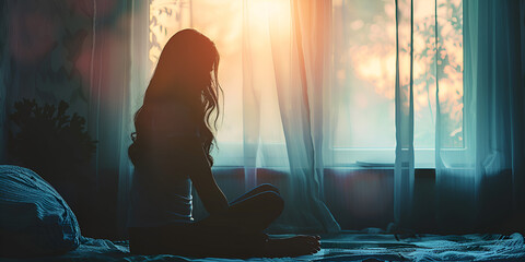 Shadows of Sorrow : Grieving and depression concept with woman silhouette sitting on bedroom bed, Contemplating in Silence - obrazy, fototapety, plakaty