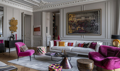 Living room interior in eclectic parisian apartment. Mixed neoclassic, art deco and contemporary style - obrazy, fototapety, plakaty