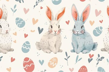 Easter eggs and bunnies Seamless pattern. Easter watercolor basket with eggs and bunny. Easter Seamless pattern with bunnies. Watercolor spring rabbit