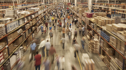 Obraz premium worker warehouse managing boxes in motion blur a distribution warehouse conveyor belt stretching across the scene, lined with neatly arranged cardboard box packages 