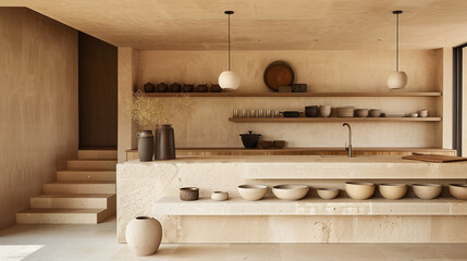Kitchen interior in wabi sabi (japandi / eco / minimalist) style