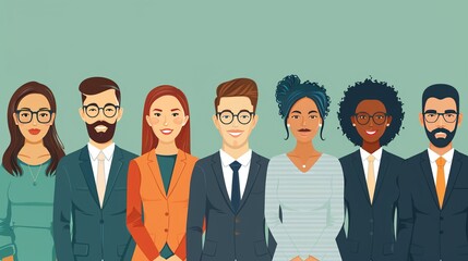 Flat design vector illustration of diverse business people, with avatars for men and women in various professional attire, emphasizing inclusivity and diversity in the corporate world.