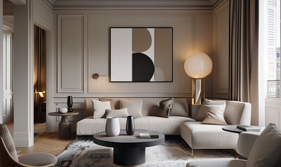 Living room interior in beige minimalist luxury style