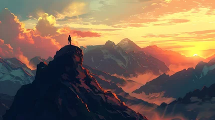  Serene Mountain Sunset with Lone Figure Overlooking Vast Landscape. Captivating Nature Scenery for Wallpaper. Adventure, Tranquility, and Inspiration Theme. AI © Irina Ukrainets