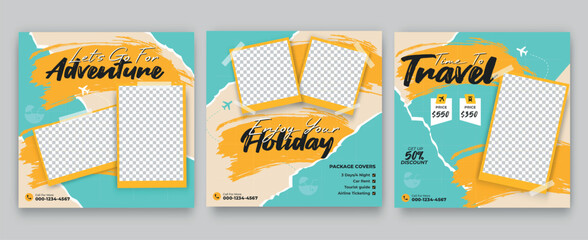 Set of travel sale social media post template. Summer beach holiday, traveling agency business offer promotion.tourism advertisement banner design. - obrazy, fototapety, plakaty
