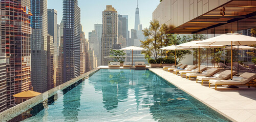 A chic rooftop pool surrounded by skyscrapers, with lounge chairs and umbrellas creating a stylish...