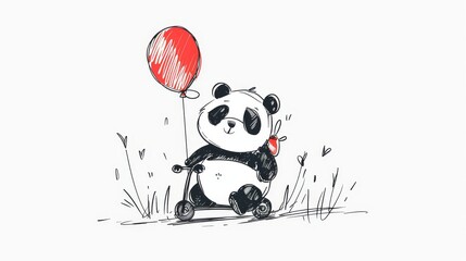   A panda on a scooter, holding a red balloon tethered behind - obrazy, fototapety, plakaty