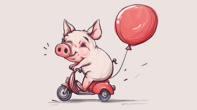   A pig atop a red scooter, sporting a red balloon affixed to its head