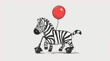   A zebra, striped and real, holding a red balloon tied to its back Another, in monochrome, bears the same red accessory