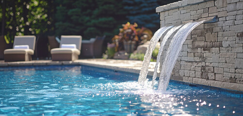A contemporary pool design featuring a water feature cascading down a stone wall into the shimmering blue water below