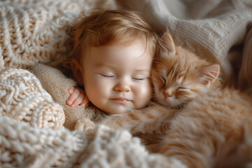 Heartwarming scene captured in a cozy embrace between a peaceful sleeping kitten and a tenderly hugging cute baby child, showcasing the purest form friendship