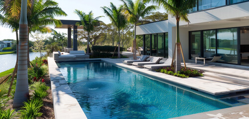 A contemporary pool featuring a sunken lounge area surrounded by palm trees and modern architecture