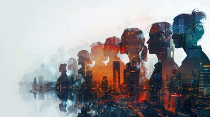 Double exposure image of a group of businesspeople merged with a cityscape, creating a dynamic visual that symbolizes the connection between professionals and the urban environment. - obrazy, fototapety, plakaty