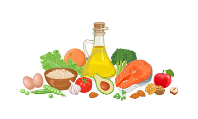 Healthy food. Salmon, Fruit, vegetable, nuts, cereal, leaf vegetable, eggs and bottle of oil. Vector cartoon illustration.