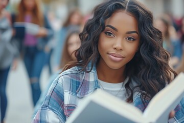 Woman in casual attire, holding book, focused gaze, urban setting with blurred figures moving behind. student engrossed in reading, plaid jacket adorns, vibrant city life bustles unnoticed around. - obrazy, fototapety, plakaty
