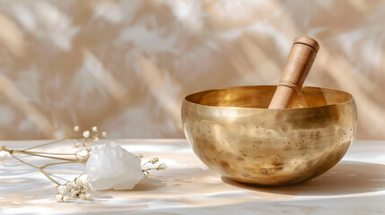 Beautiful golden Tibetan bowl with minerals on natural background with copy space 