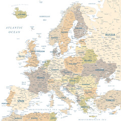 Europe - Highly Detailed Vector Map of the Europe. Ideally for the Print Posters. Pastel Warm Colors. Retro Style - obrazy, fototapety, plakaty