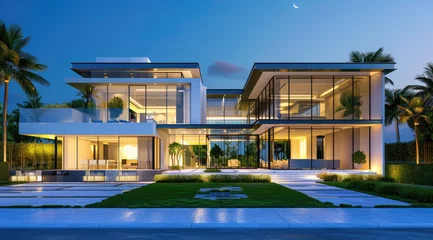 Fotobehang A hyper realistic rendering of an elegant two story modern house with large windows and lots of glass © Kien