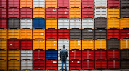 person with stack of colorful containers