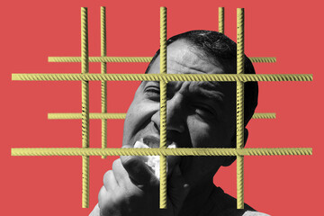 Collage with a man eating apple