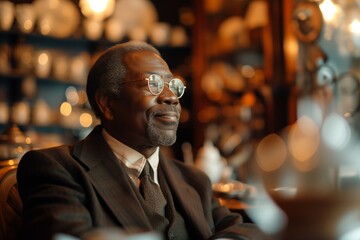 African American owned and operated coffee shop. business man in eyeglasses contemplates, immersed in the golden glow of the coffee shop. Mature professional dressed in formal attire, lost in thought
