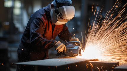 metal worker cutting iron with angle grinder and sparks