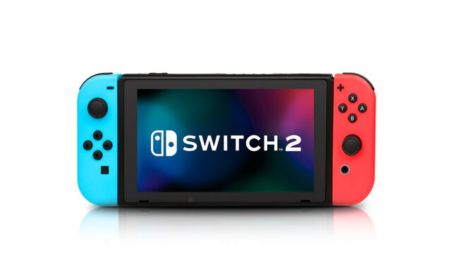 Nintendo Switch console with Nintendo Switch 2 logo at screen, 3 Mar, 2024, Sao Paulo, Brazil.