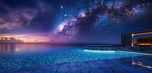 A luxurious pool with underwater lighting creating a mesmerizing glow against a backdrop of a...