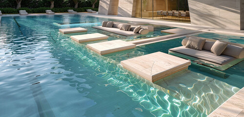 A modern pool with underwater seating areas, perfect for relaxation and enjoying the tranquil surroundings