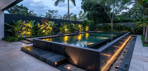 A modern pool with a sleek black finish, surrounded by lush landscaping and illuminated by soft...