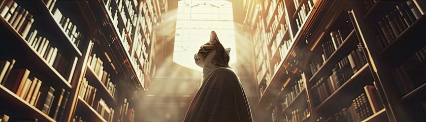 Contemplative Cat in a Majestic Library - obrazy, fototapety, plakaty