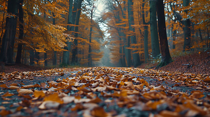 A forest road carpeted with fallen leaves