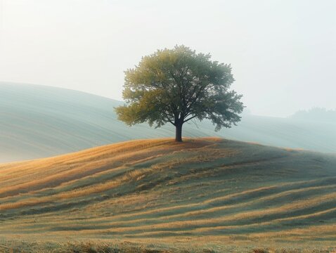 Alone tree on hill in different season, minimalistic photograph .