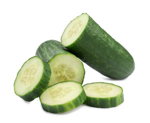 Halves and slices of long cucumber isolated on white