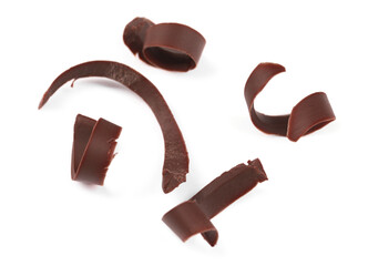 Many delicious chocolate shavings isolated on white