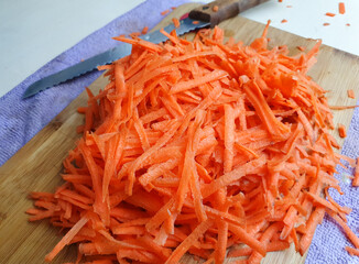 Sliced carrots. Grated carrots, sliced in the kitchen, ingredient.