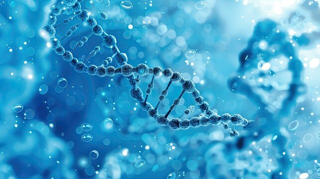 Biotech industries, show casing DNA double helix and cells, overall tone of the picture blue.