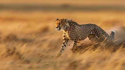 Cheetah sprinting in masai mara with focused intense eyes, surrounded by dynamic dust clouds
