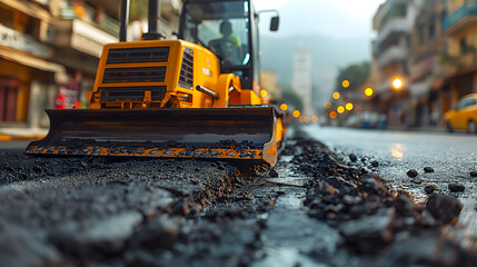 Asphalting of the road with a bulldozer. Selective focus.
