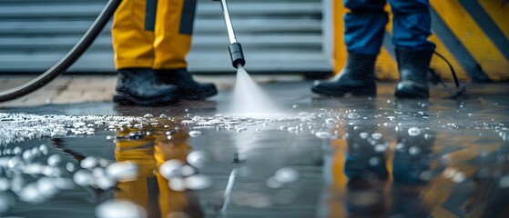 Workers using pressure washer for deep cleaning a driveway providing professional cleaning service. Concept Pressure Washing, Driveway Cleaning, Professional Services, Deep Cleaning, Worker at Work - obrazy, fototapety, plakaty