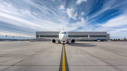 Commercial airplane parking near modern airport terminal. For advertising.