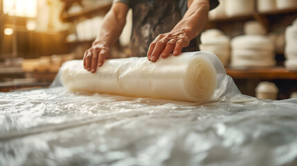 Close-up of male hands wrapping rolls of cheese in plastic wrap - obrazy, fototapety, plakaty