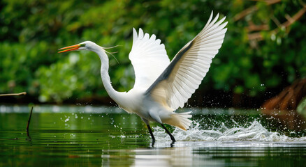 Fototapeta premium A white bird with a long beak and black tail feathers is flying over the water surface