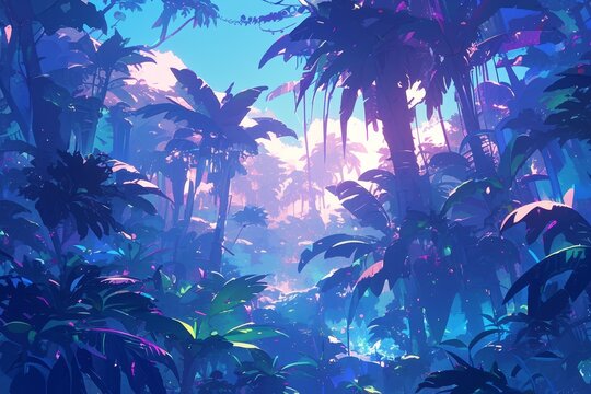 A jungle scene with neon pink and teal lighting, foliage, palm trees and jungle plants against a dark background
